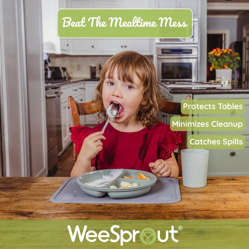 WeeSprout حصائر مصنوعة من السيليكون مع امتصاص للرضع والأطفال، سيليكون غذائي متين مع امتصاص غير قابل للانزلاق، حواف مرتفعة تحتوي على الفوضى، آمنة في غسالة الصحون، لطاولة الطعام والمطاعم، عبوة من 2 - Image 2