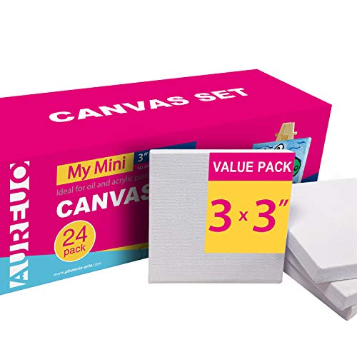 AUREUO Mini Stretched Canvas - 3x3 Inch/24 Pack - 2/5 Inch Profile Small Square Canvas - Gift Set Bulk Pack Canvases for Acrylic Painting & Craft - Image 1