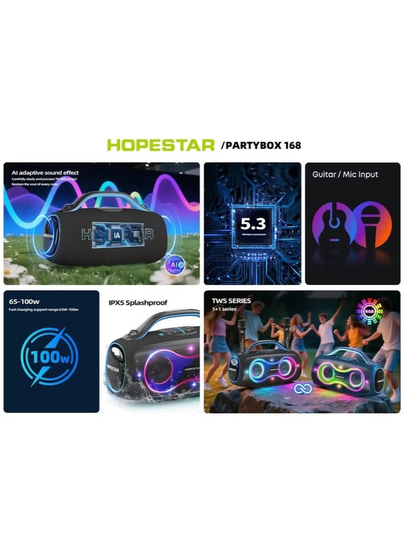 HOPESTAR PARTYBOX 168 400W Portable Party & Karaoke Speaker with AI Sound Enhancement, 24-Bit HiFi Audio, Dual Wireless Microphones, RGB Lighting, 32000mAh Removable Battery, Bluetooth 5.3, IPX5 Waterproof – Perfect for Outdoor Parties, Camping & Home Entertainment - Image 3