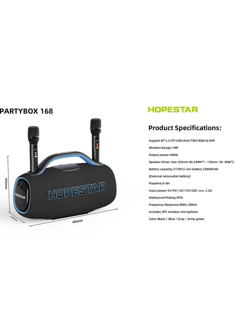 HOPESTAR PARTYBOX 168 400W Portable Party & Karaoke Speaker with AI Sound Enhancement, 24-Bit HiFi Audio, Dual Wireless Microphones, RGB Lighting, 32000mAh Removable Battery, Bluetooth 5.3, IPX5 Waterproof – Perfect for Outdoor Parties, Camping & Home Entertainment - Image 4