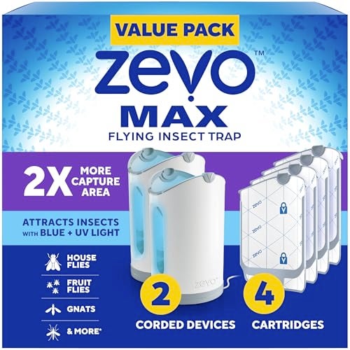 Zevo MAX Bug Catcher & Fly Trap for Indoors - Flying Insect Trap for Gnats, House & Fruit Flies - Use in Any Room - No-Mess Disposal (2 Plug in Bases & 4 Cartridges) - Image 1