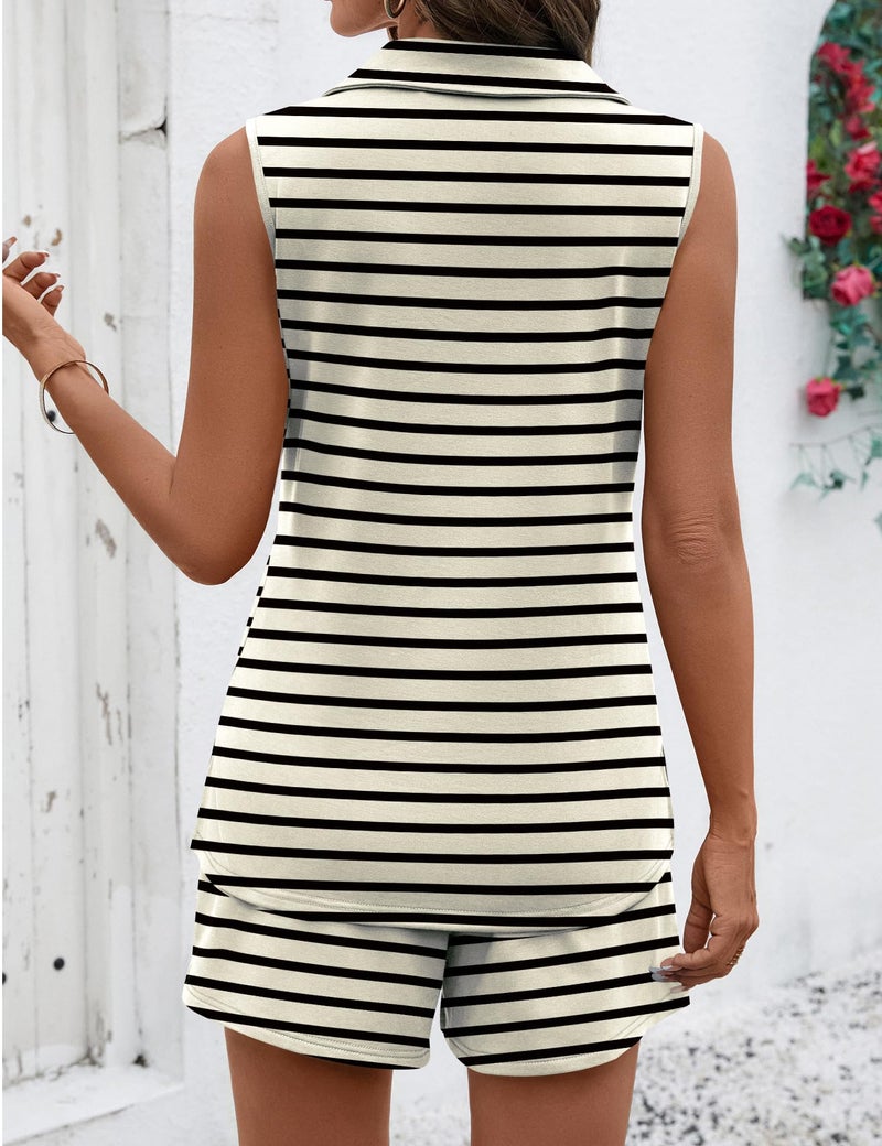 Rapbin Women 2 Piece Outfits Sets Sleeveless Matching Lounge Sets Top and Shorts with Pockets Tracksuit (Black Stripe, M) - Image 5