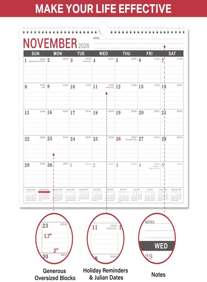 Lortarl 2026-2027 Wall Calendar - 2026-2027 Calendar Wall from Jul. 2026 to Dec. 2027, 18 Monthly Calendars with Large Ruled Blocks and Julian Dates, Calendars for Easy Planning, 11.5''x14.75'' - Image 4