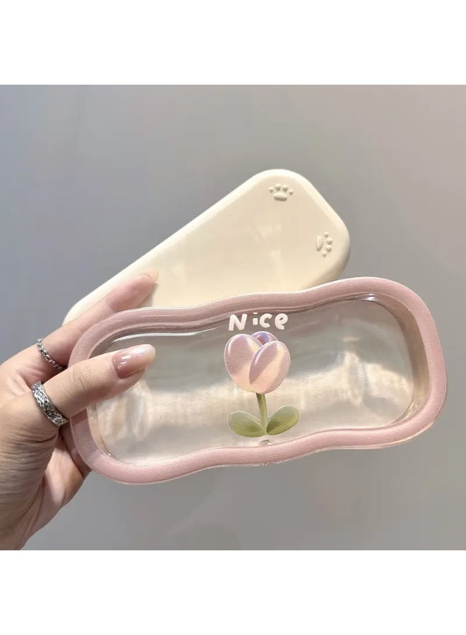 Cute Cartoon INS-Style Glasses Case - Transparent Wave, Portable for Girls/Students