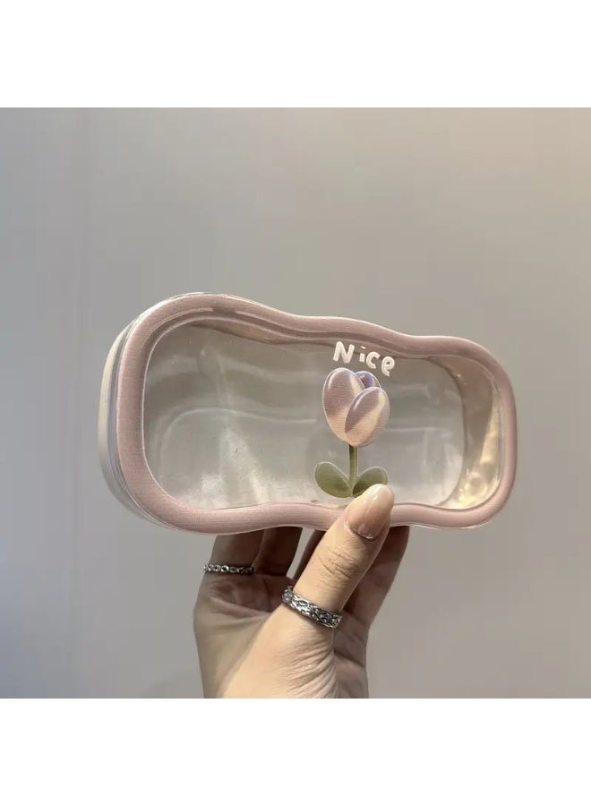 Cute Cartoon INS-Style Glasses Case - Transparent Wave, Portable for Girls/Students