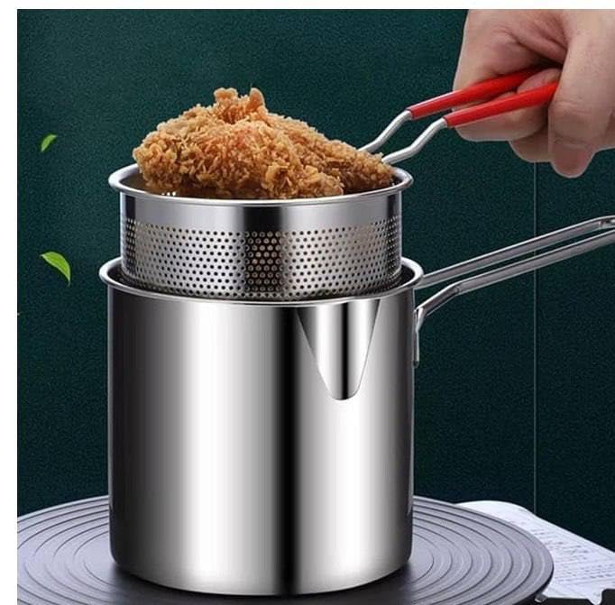PORMONO Stainless Steel Deep Frying Pan with Oil Strainer 1200ml Capacity HeatSafe Handle - Image 1