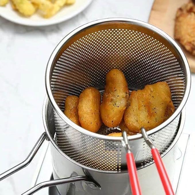 PORMONO Stainless Steel Deep Frying Pan with Oil Strainer 1200ml Capacity HeatSafe Handle - Image 3