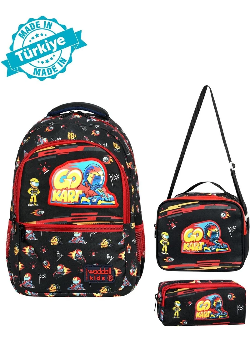 واديل Licensed Black-Red Car Patterned Boys Primary School Backpack, Lunch Bag and Pencil Case