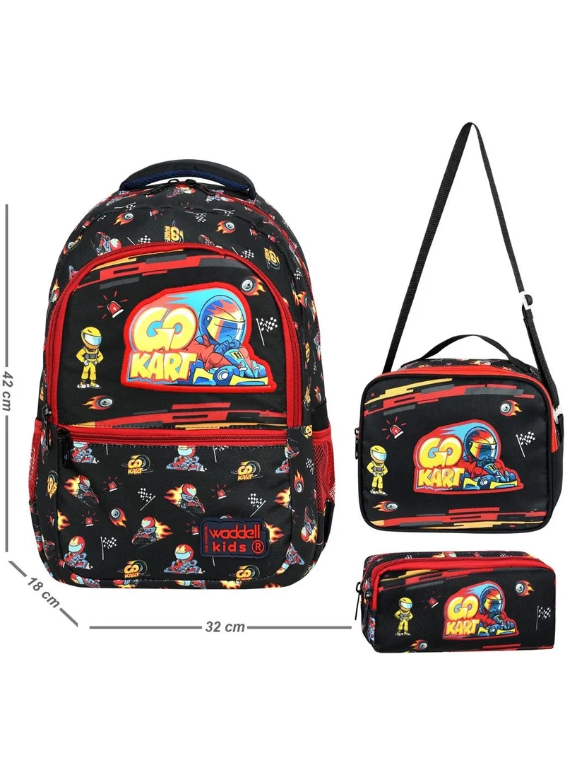 واديل Licensed Black-Red Car Patterned Boys Primary School Backpack, Lunch Bag and Pencil Case