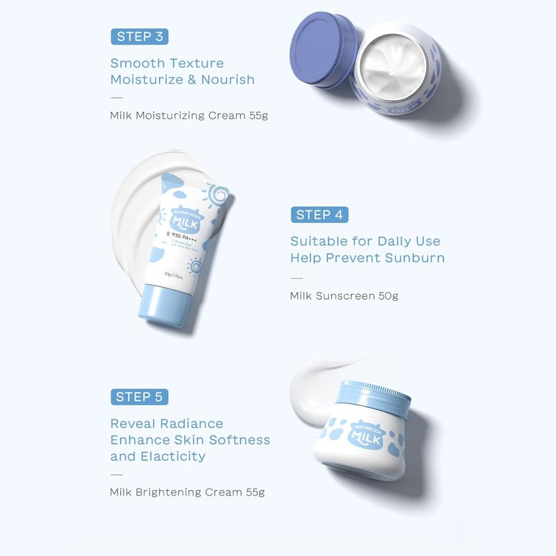 5 Piece Milk Facial Care Set for Women Girls 1 Set Daily Skin Care Routine Hydrating Moisturizing Non Greasy Nourishing Cream Lotion Blue One Size - Image 2