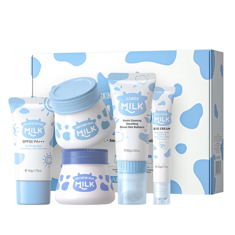 5 Piece Milk Facial Care Set for Women Girls 1 Set Daily Skin Care Routine Hydrating Moisturizing Non Greasy Nourishing Cream Lotion Blue One Size - Image 1