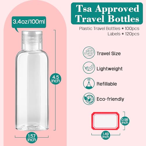 DPLASKA 100pcs Empty 3.4 oz Travel Bottles with Flip Cap Tsa Approved Leakproof Plastic Squeeze Small Shampoo Bottles for Toiletries Liquids Travel Essentials Containers for Lotion, Party favors, Bulk Gifting - Image 2