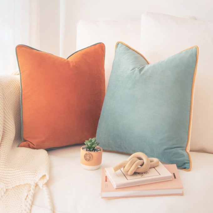 DECORATIVE THROW PILLOW COVERS CUSHION CASES SET OF 2 SOFT VELVET MODERN DOUBLESIDED DESIGNS MIX AND MATCH FOR HOME DECOR PILLOW INSERTS NOT INCLUDED 20X20 INCH ORANGETEAL