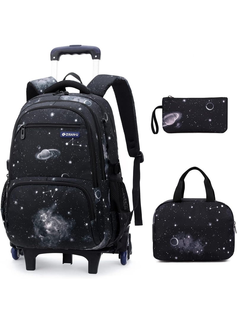 MostNow 3Pcs Boys Galaxy Rolling Backpack Kids Backpack with Wheels Trolley Bookbag Wheeled School Bag with Lunch Bag (Black) - Image 1