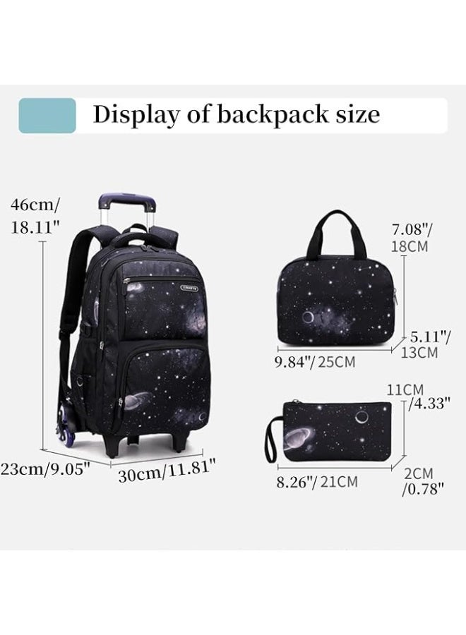 MostNow 3Pcs Boys Galaxy Rolling Backpack Kids Backpack with Wheels Trolley Bookbag Wheeled School Bag with Lunch Bag (Black) - Image 2