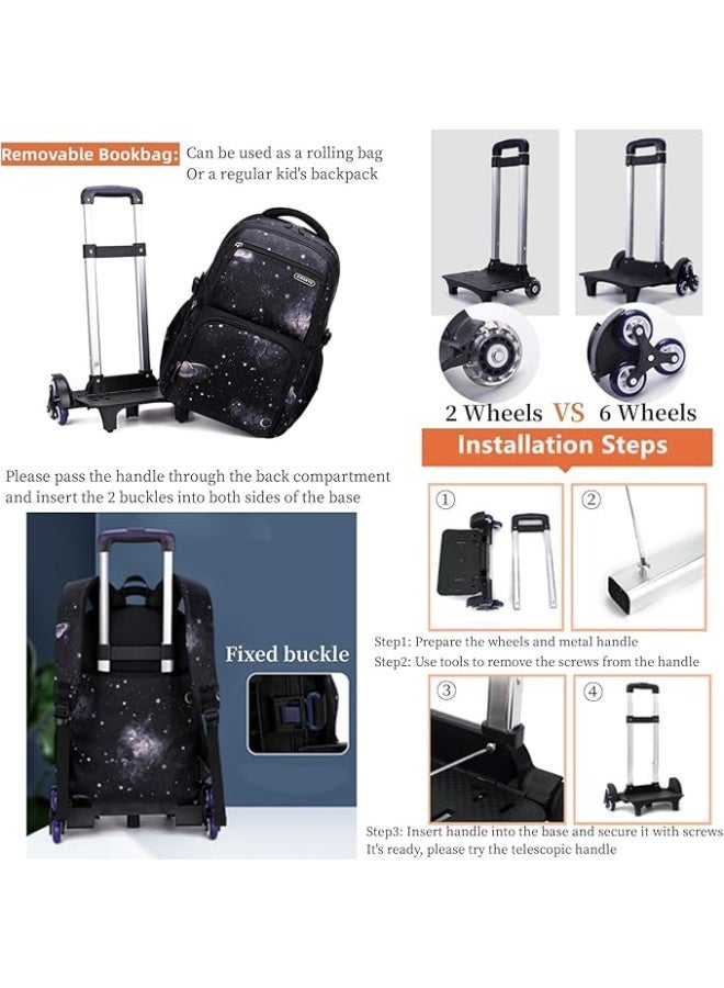 MostNow 3Pcs Boys Galaxy Rolling Backpack Kids Backpack with Wheels Trolley Bookbag Wheeled School Bag with Lunch Bag (Black) - Image 4