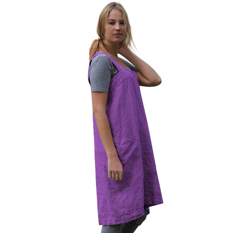 Larmliss Women's Pinafore Square Apron Baking Cooking Gardening Works Cross Back Cotton/Linen Blend Dress with 2 Pockets Purple-3XL - Image 4