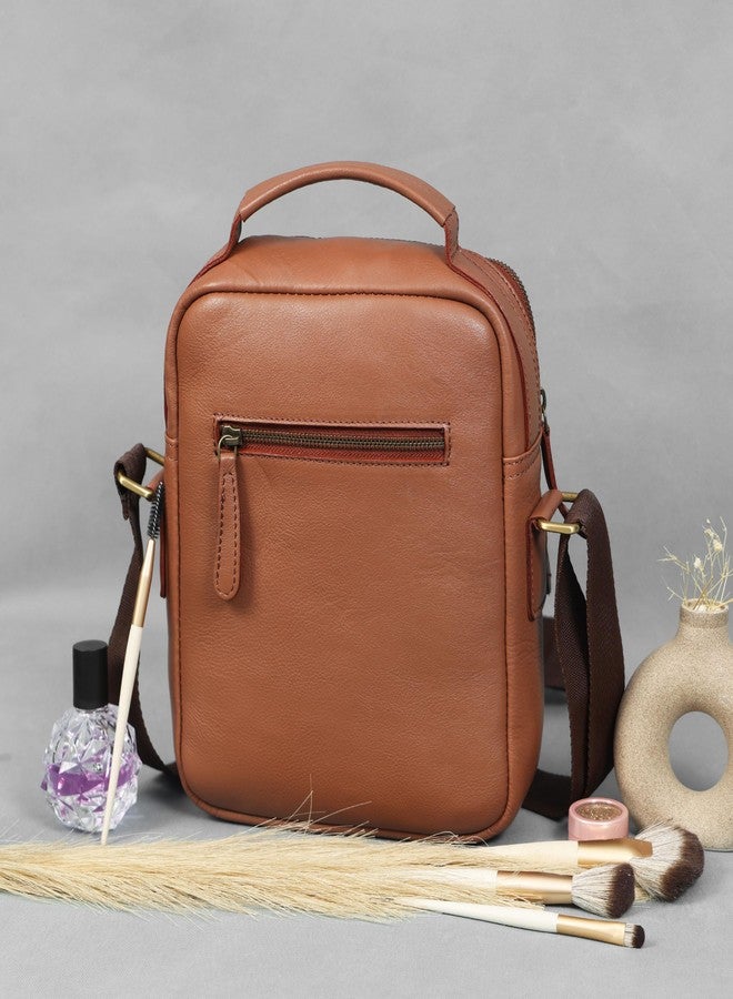 Celtic Unisex Tan Leather Crossbody Sling Bag with Front Pocket & Top Handle - Image 3