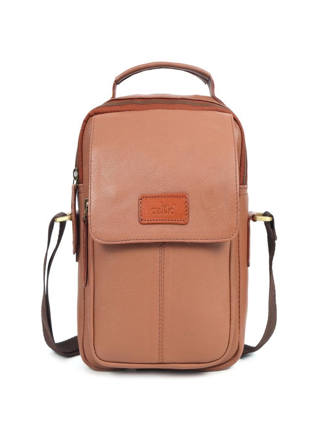 Celtic Unisex Tan Leather Crossbody Sling Bag with Front Pocket & Top Handle - Image 1