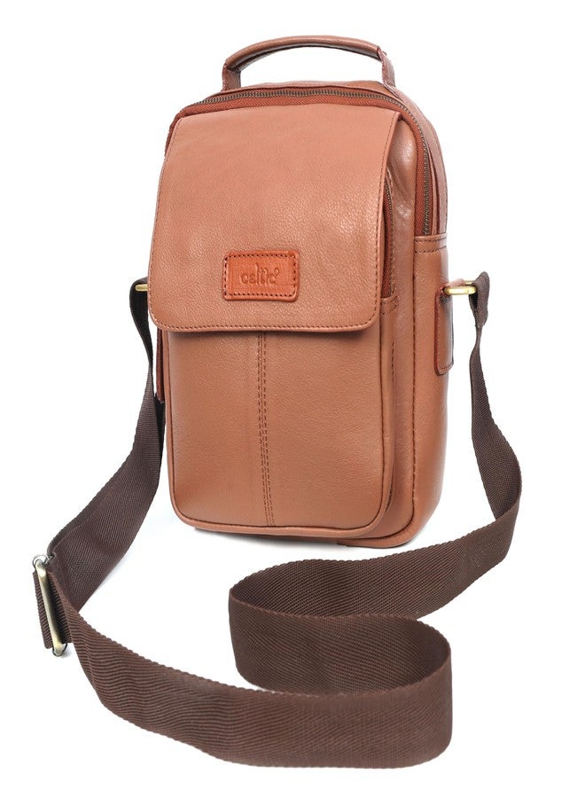 Celtic Unisex Tan Leather Crossbody Sling Bag with Front Pocket & Top Handle - Image 4