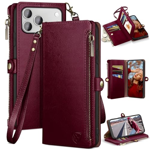 XcaseBar compatible with iPhone 17 Pro 6.3" Wallet case with Zipper Credit Card Holder【RFID Blocking】,Flip Folio Book PU Leather Phone case Shockproof Cover Women Men for Apple 17 Pro case Wine Red - Image 1