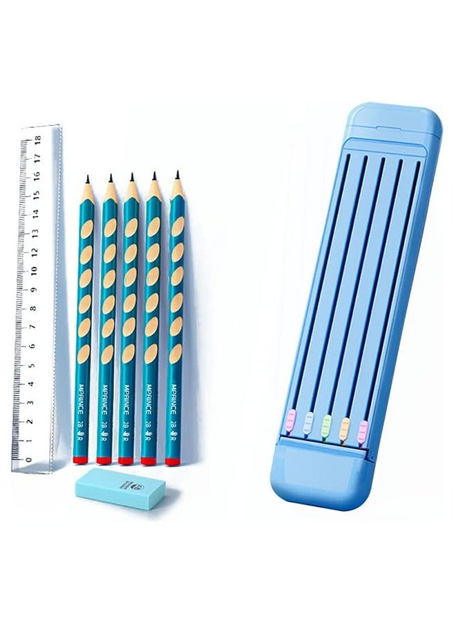 Multi-Function Pencil Box with 5 pencils 1 ruler 1 eraser , Multi-Function Stationery Storage Box, School Stationery Gift Set, Unique for Kids Teens(blue) - Image 1