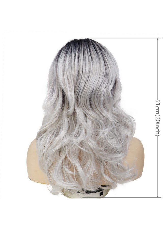 GNIMEGIL Nimegil 20 Inch Long Natural Wavy Wig Dark Roots Ombre Grey Silver Wigs Heat Resistant Synthetic Daily Party Wigs For Women - Image 5