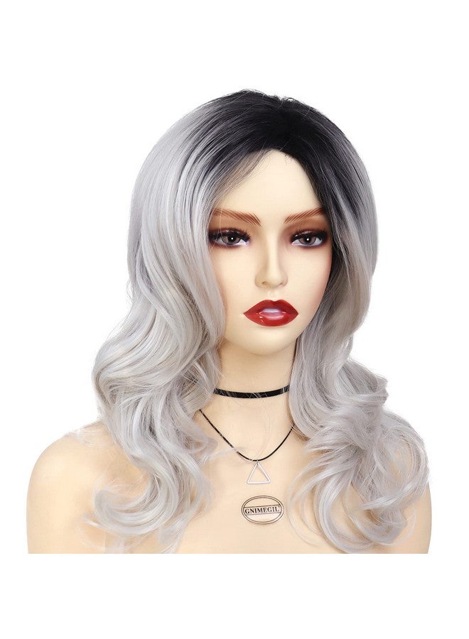 GNIMEGIL Nimegil 20 Inch Long Natural Wavy Wig Dark Roots Ombre Grey Silver Wigs Heat Resistant Synthetic Daily Party Wigs For Women - Image 4
