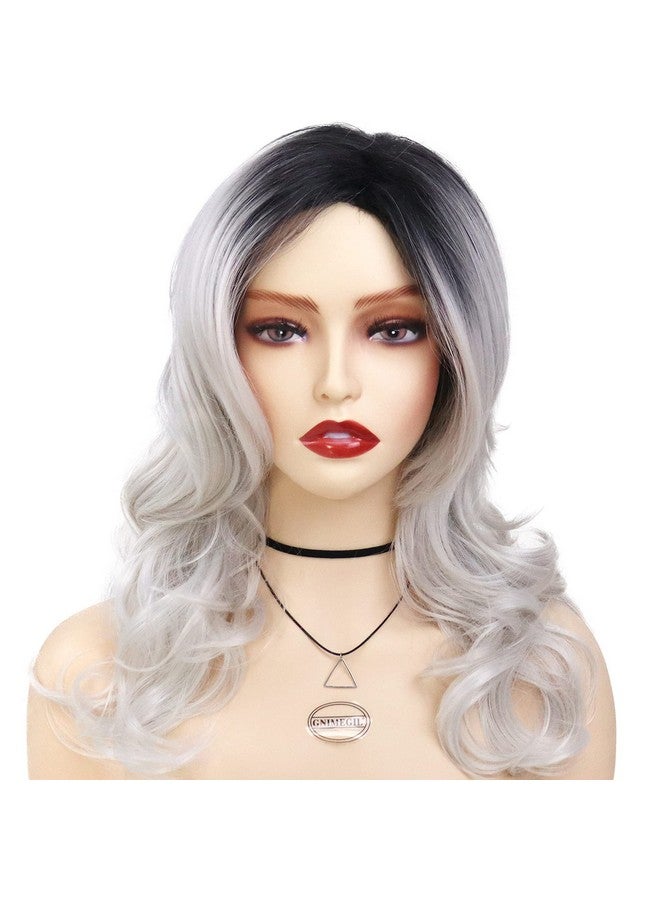 GNIMEGIL Nimegil 20 Inch Long Natural Wavy Wig Dark Roots Ombre Grey Silver Wigs Heat Resistant Synthetic Daily Party Wigs For Women - Image 3