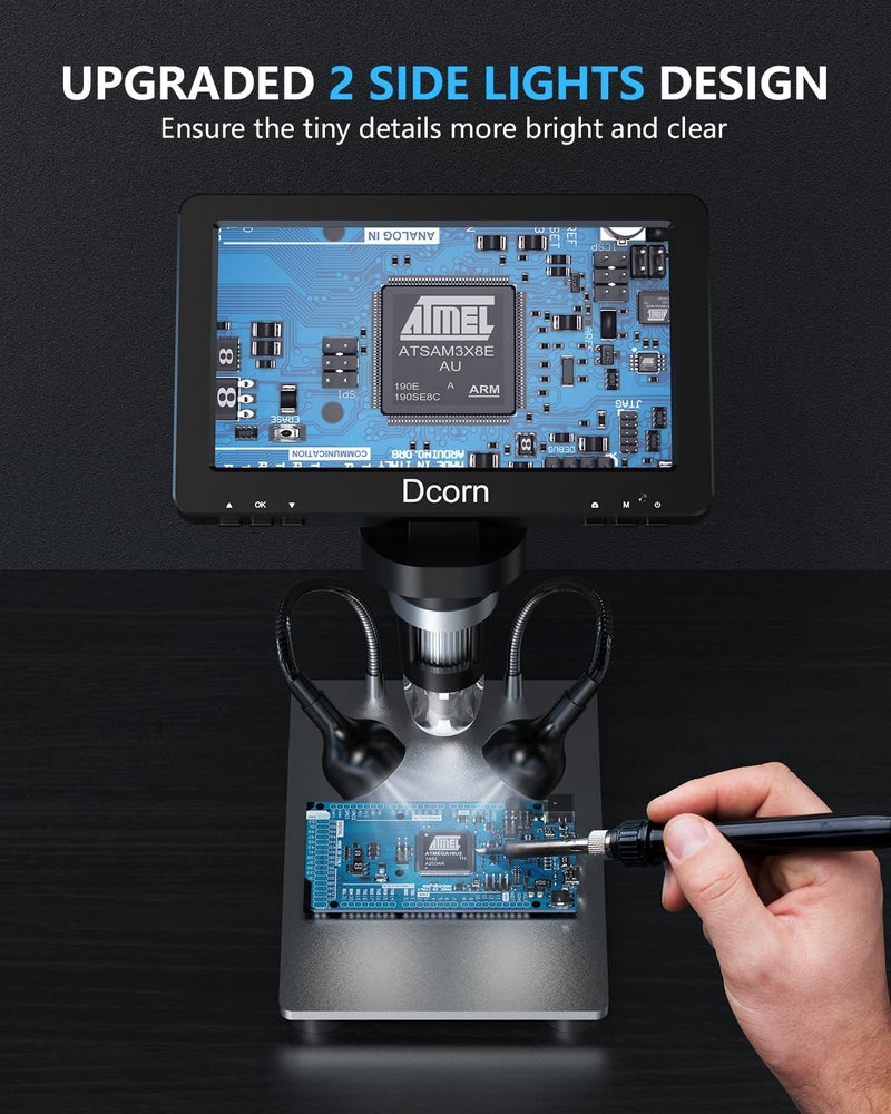 Dcorn 7'' Digital Microscope 1200X,Dcorn 12MP 1080P Photo/Video Microscope for Adults Soldering Coins,Metal Stand,Wired Remote,10 LED Fill Lights,PC View,Windows/Mac Compatible - Image 3
