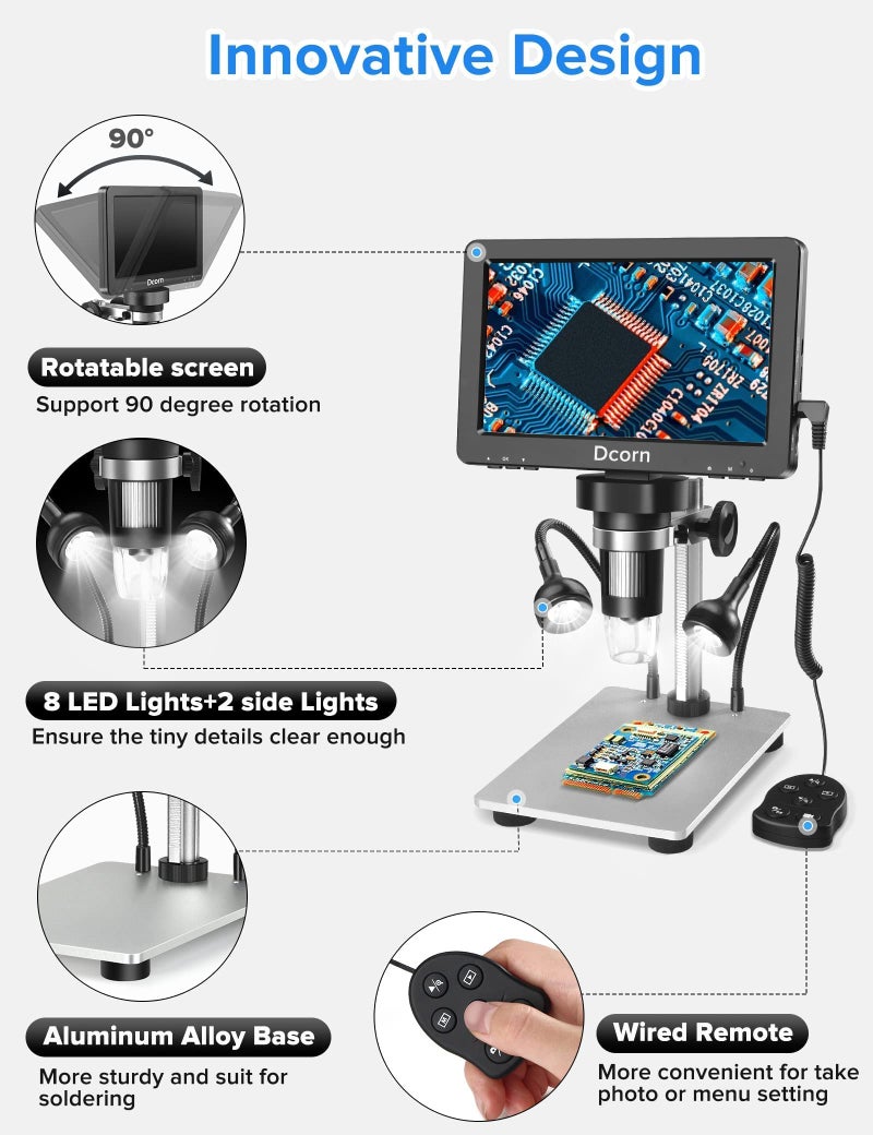 Dcorn 7'' Digital Microscope 1200X,Dcorn 12MP 1080P Photo/Video Microscope for Adults Soldering Coins,Metal Stand,Wired Remote,10 LED Fill Lights,PC View,Windows/Mac Compatible - Image 5