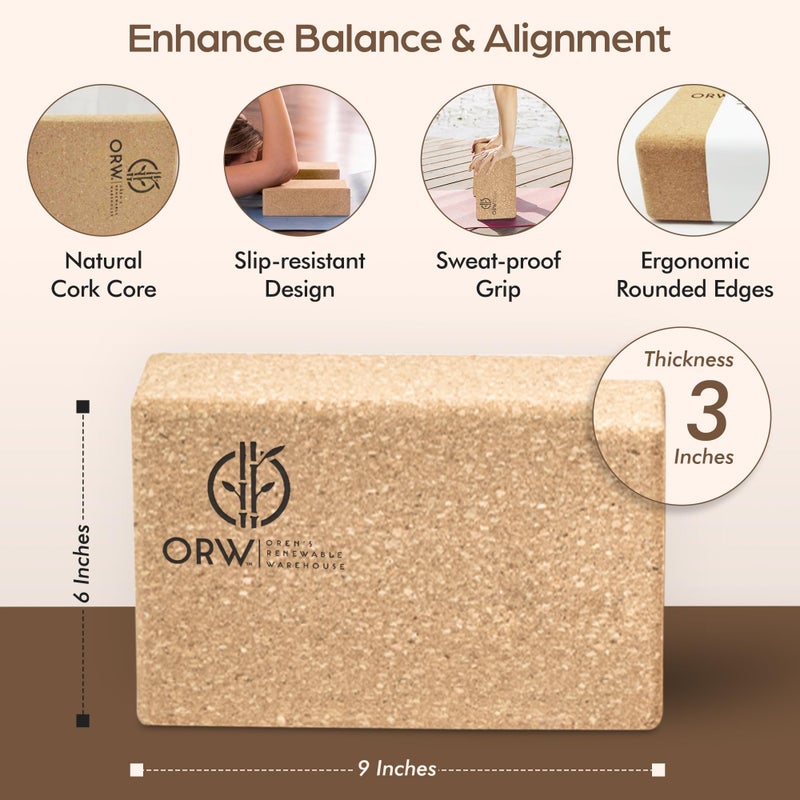 ORW Natural Cork Yoga Block â€“ 9â€x6â€x3â€, 1.5 lbs â€“ Heavyweight, Non-Slip, Eco-Friendly â€“ Dense Yoga Prop for All Levels - Image 1