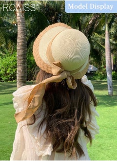 roaiss Bow Decor Straw Sun Hats for Women Summer Beach Wide Brim Adjustable Lightweight Foldable/Packable Straw Hat Travel Beige  - Image 2