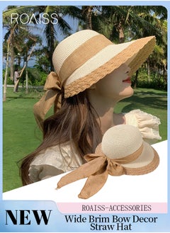 roaiss Bow Decor Straw Sun Hats for Women Summer Beach Wide Brim Adjustable Lightweight Foldable/Packable Straw Hat Travel Beige  - Image 1
