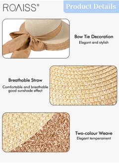 roaiss Bow Decor Straw Sun Hats for Women Summer Beach Wide Brim Adjustable Lightweight Foldable/Packable Straw Hat Travel Beige  - Image 5