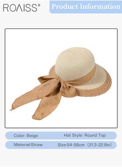 roaiss Bow Decor Straw Sun Hats for Women Summer Beach Wide Brim Adjustable Lightweight Foldable/Packable Straw Hat Travel Beige  - Image 3