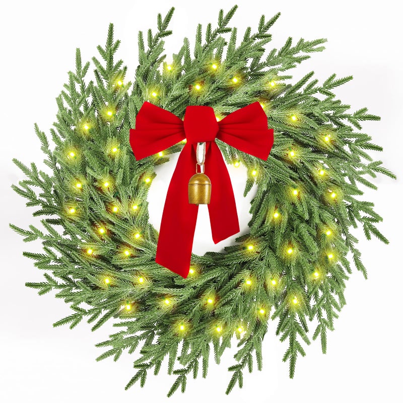 AMORISE Christmas Wreath with Lights,26" Real Touch Pine Wreath with Bow and Bell, Artificial Christmas Wreaths for Front Door,Outdoor Winter Wreath for Indoor,Wall,Window Festival Decor - Image 1