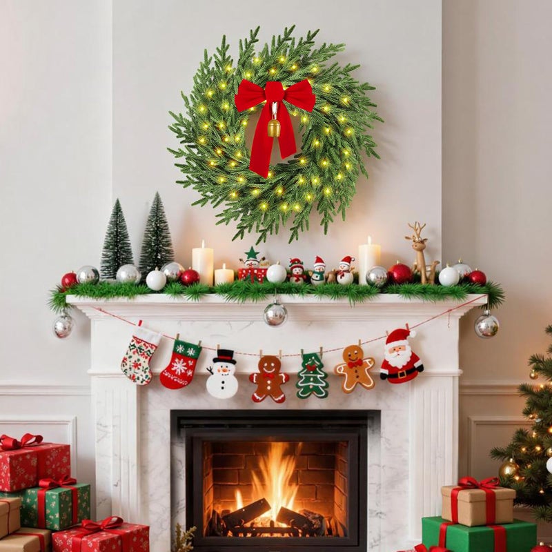 AMORISE Christmas Wreath with Lights,26" Real Touch Pine Wreath with Bow and Bell, Artificial Christmas Wreaths for Front Door,Outdoor Winter Wreath for Indoor,Wall,Window Festival Decor - Image 2
