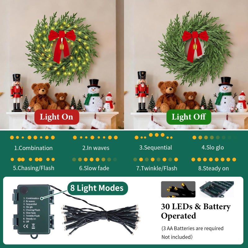 AMORISE Christmas Wreath with Lights,26" Real Touch Pine Wreath with Bow and Bell, Artificial Christmas Wreaths for Front Door,Outdoor Winter Wreath for Indoor,Wall,Window Festival Decor - Image 3