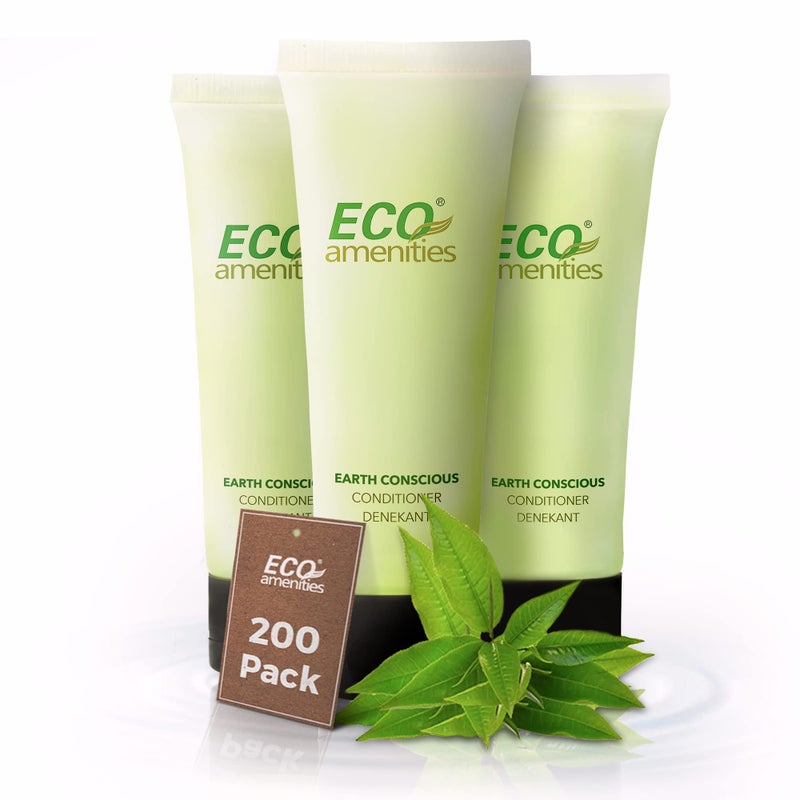 ECO AMENITIES Travel Size Conditioner - 200 PACK, 30mL, 1 oz Hotel Conditioner Bulk Supplies for Guests - Green Tea Scent Eco Conditioner, Mini Conditioner with Flip Cap, Clear Container