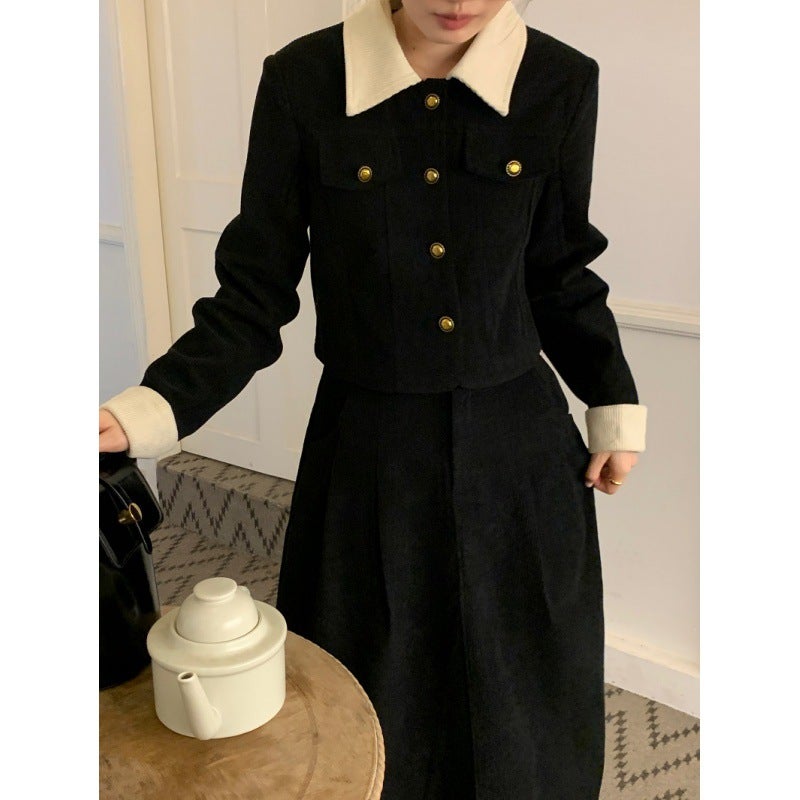 2023 Retro Audrey Corduroy Jacket  High-Waist Skirt Set Black - Image 3