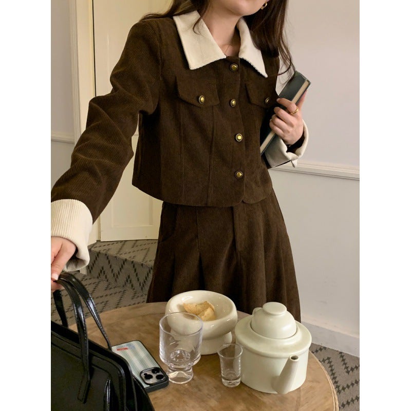 2023 Retro Audrey Corduroy Jacket  High-Waist Skirt Set Black - Image 5