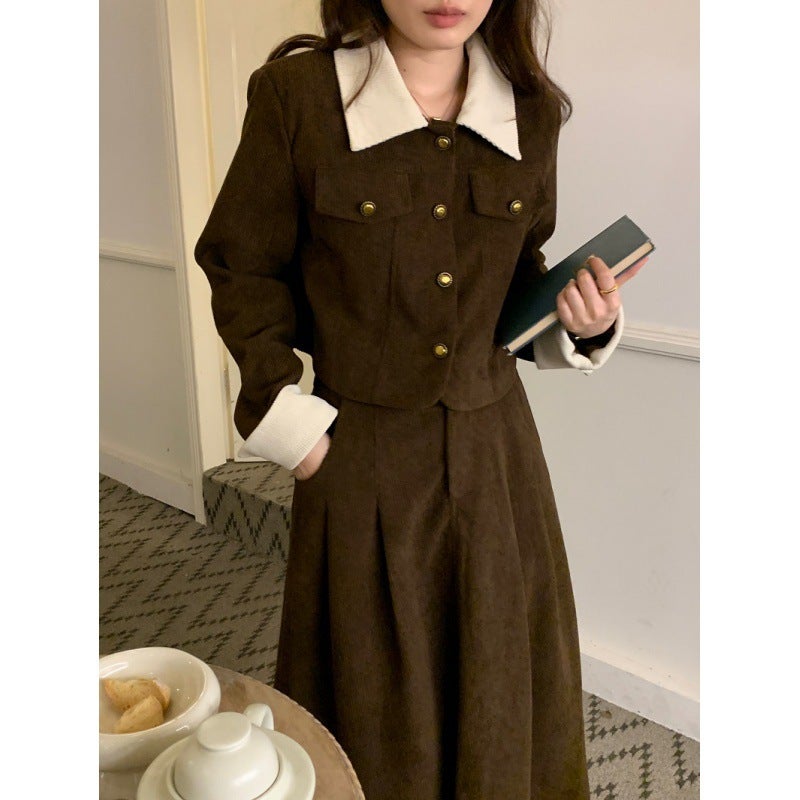 2023 Retro Audrey Corduroy Jacket  High-Waist Skirt Set Black - Image 2