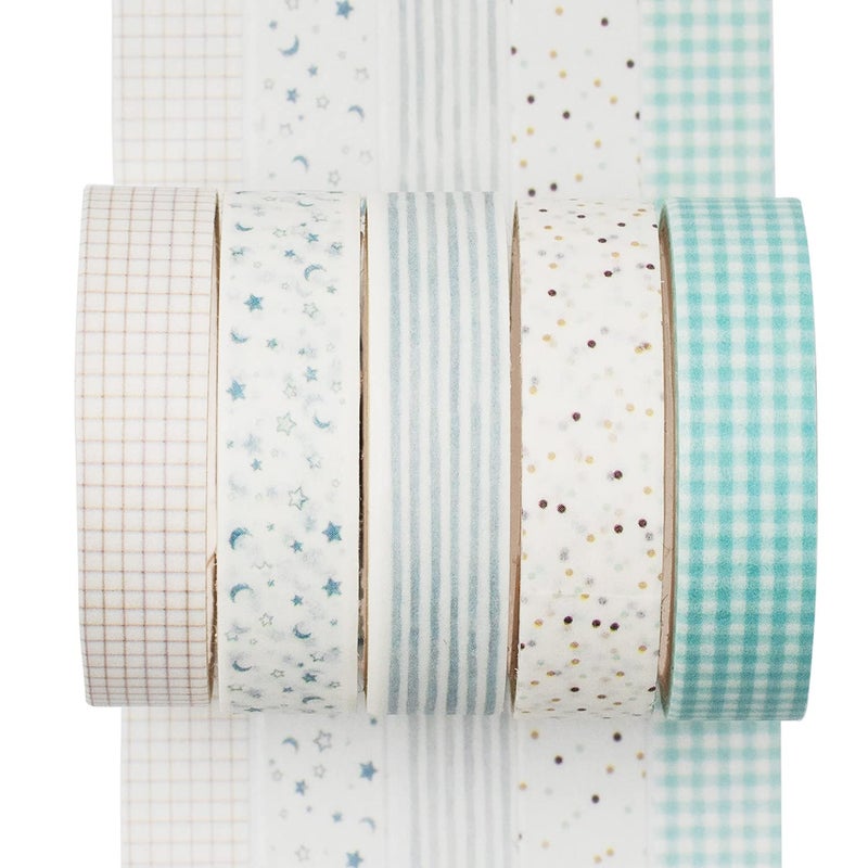 YUBX 5 Rolls Washi Tape Set Creative Basic Skinny Decorative Tapes for Arts DIY Crafts Journals Planners Scrapbooking Wrapping Cyan Dew