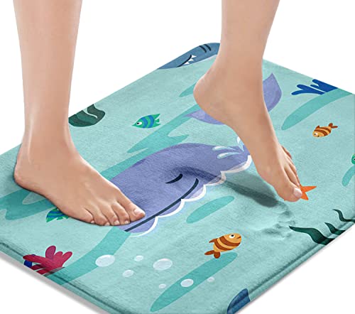 Britimes Blue Bath MatCartoon Whales and Shark Bathroom Rugs No SlipCute Kid Washable Cover Floor Rug Carpets Floor Mat 16x24 inches for Kitchen Bedroom - Image 1