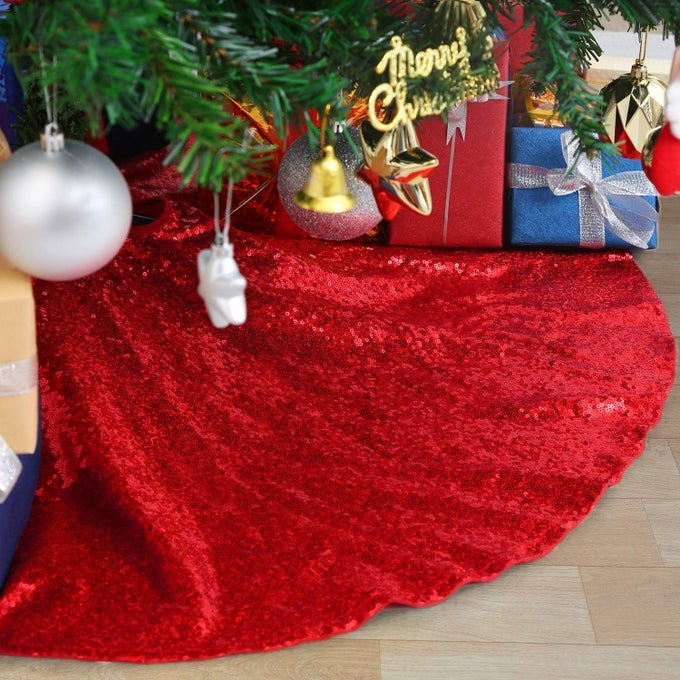 Tree Skirts 48inches Red Christmas Sequin Tree Skirt Embroidered Tree Carpets Glitter Tree Mats Chrismas Tree Cover Round Red