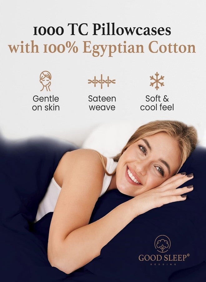 Good Sleep Bedding طقم أغطية وسائد كينج باللون الأزرق الداكن، مكون من قطعتين، مصنوع من القطن المصري 100%، بنسيج ساتان ناعم كالحرير، يوفر راحة فائقة أثناء النوم، ومقاسًا مثاليًا. - Image 4