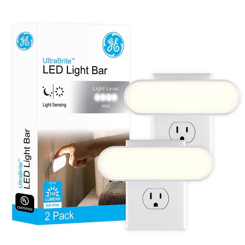 GE Ultrabrite LED Light Bar Night Lights Plug Into Wall Room Decor Ambient Lighting Dusk to Dawn Sensor Bright Nightlight White 100 Lumens 2 Pack