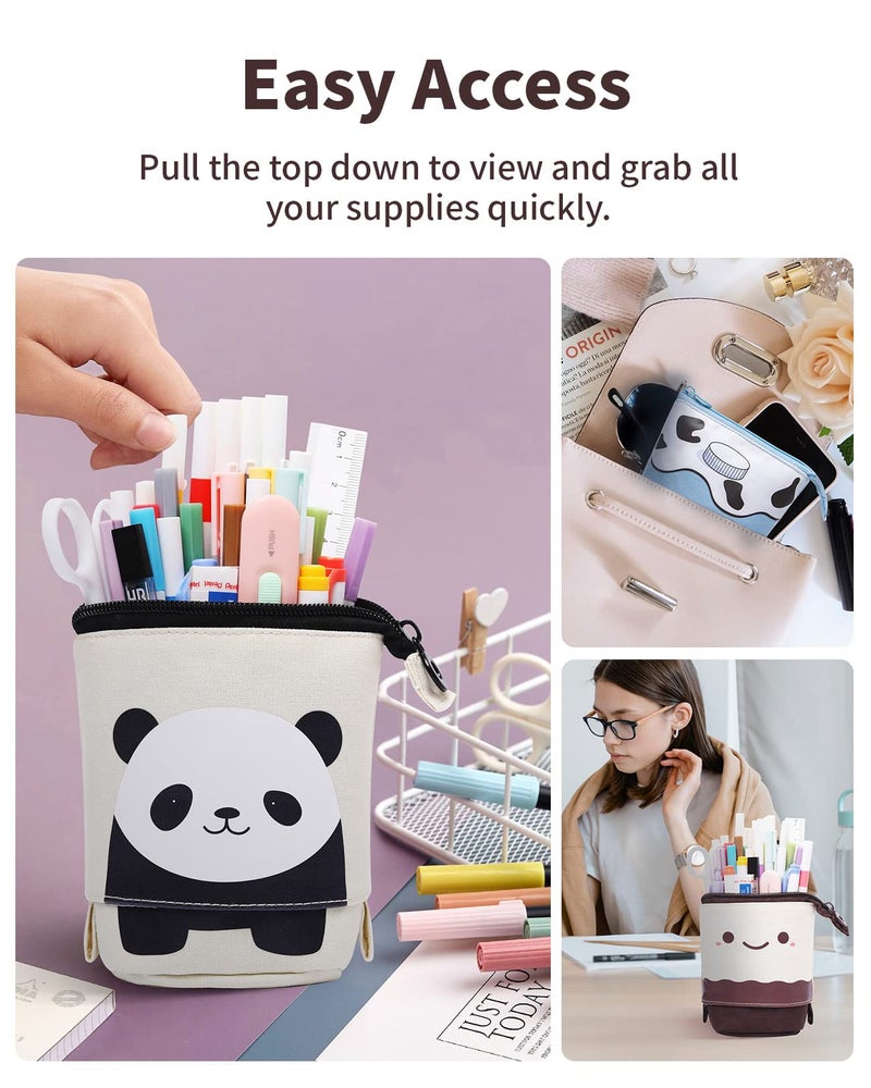 Sooez Standing Pencil Case, Cute Stand up Pencil Pouch, Telescopic Pen Pouch, Portable Pencil Holder, Kawaii Stand up Pencil Case, Spacious Pencil Pouch Bag for School Office Supplies, Beige Panda - Image 4