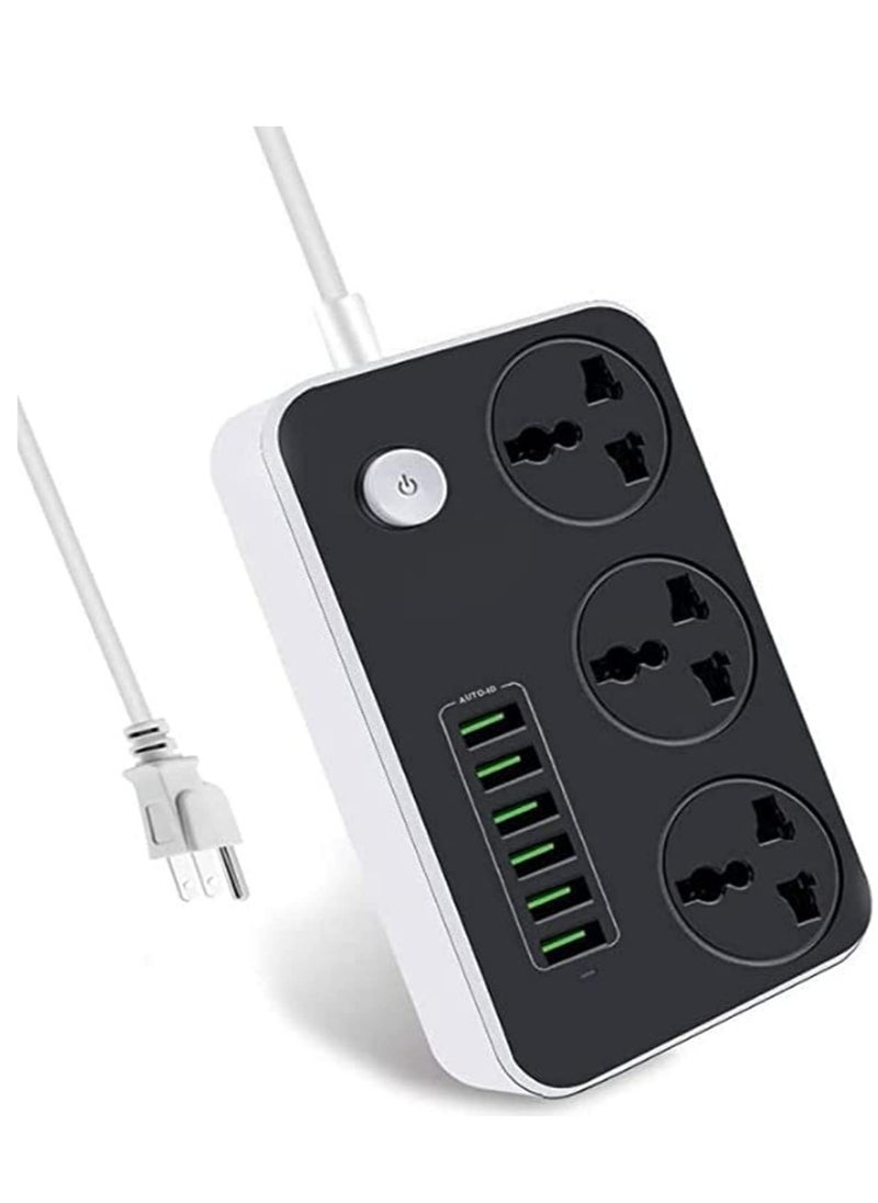 Generic Power Strip with USB Ports Long Cord Universal Socket 3 Outlets Surge Protector 6 Quick USB (4A) Charging Station 3M Power Cord 2500W Circuit Breaker Child Safe Door (Black & Grey)  - Image 1